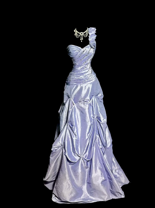 Lilac Ball Gown One Shoulder Satin Beaded Without Sleeves Long Prom Dress, Evening Dress C6642