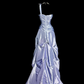 Lilac Ball Gown One Shoulder Satin Beaded Without Sleeves Long Prom Dress, Evening Dress C6642