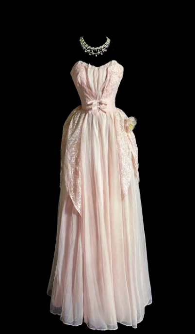 Sweet Ball Gown Pink Strapless Chiffon Lace Without Sleeves Long Prom Dress, Evening Dress C6643