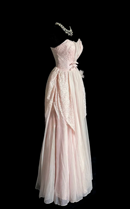 Sweet Ball Gown Pink Strapless Chiffon Lace Without Sleeves Long Prom Dress, Evening Dress C6643