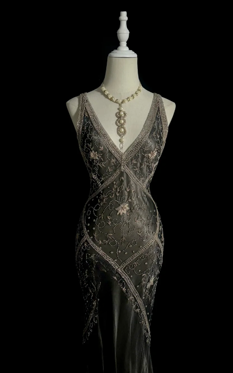 Vintage Mermaid V Neck Satin Beaded Without Sleeves Long Prom Dress, Evening Dress C6645