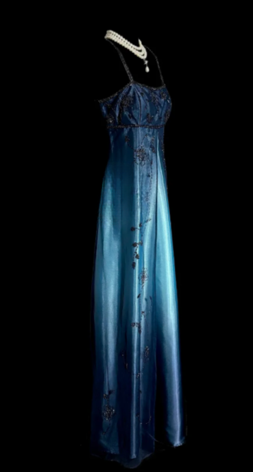 Retro Gradient A Line Spaghetti Straps Satin Tulle Beaded Without Sleeves Long Prom Dress, Evening Dress C6648