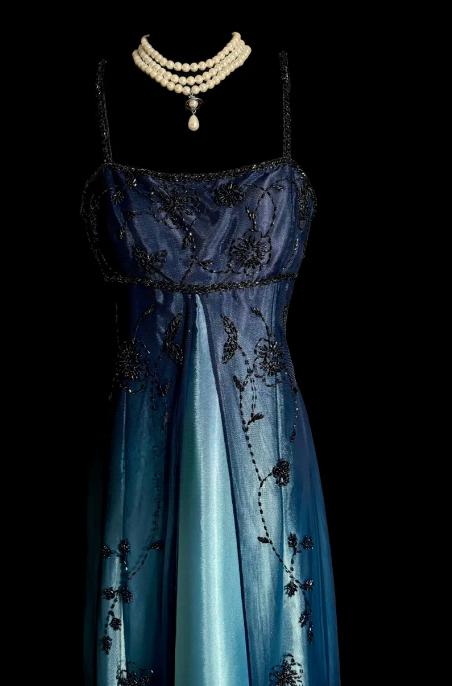 Retro Gradient A Line Spaghetti Straps Satin Tulle Beaded Without Sleeves Long Prom Dress, Evening Dress C6648