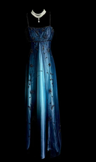 Retro Gradient A Line Spaghetti Straps Satin Tulle Beaded Without Sleeves Long Prom Dress, Evening Dress C6648