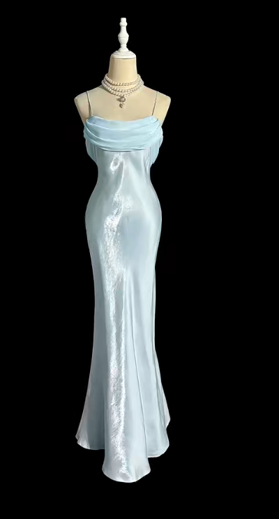 Elegant Mermaid Spaghetti Straps Satin Chiffon Without Sleeves Long Prom Dress, Evening Dress C6651