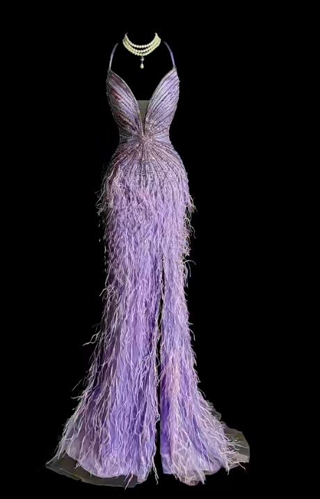 Unique Mermaid Spaghetti Straps Satin Feather Without Sleeves Long Prom Dress, Evening Dress C6652