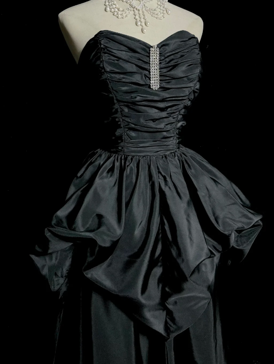 Princess A Line Strapless Black Satin Without Sleeves Long Prom Dress, Evening Dress C6653
