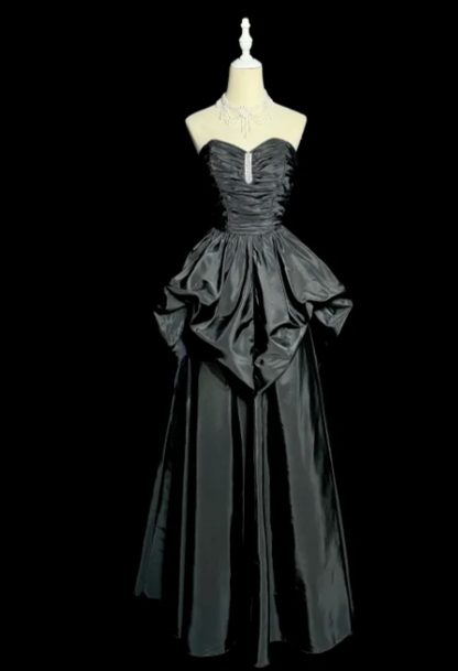 Princess A Line Strapless Black Satin Without Sleeves Long Prom Dress, Evening Dress C6653