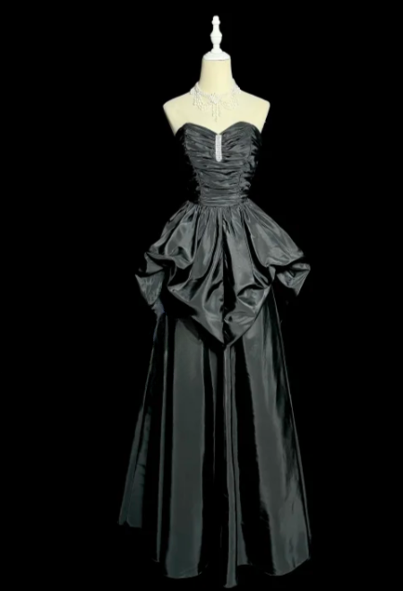 Princess A Line Strapless Black Satin Without Sleeves Long Prom Dress, Evening Dress C6653