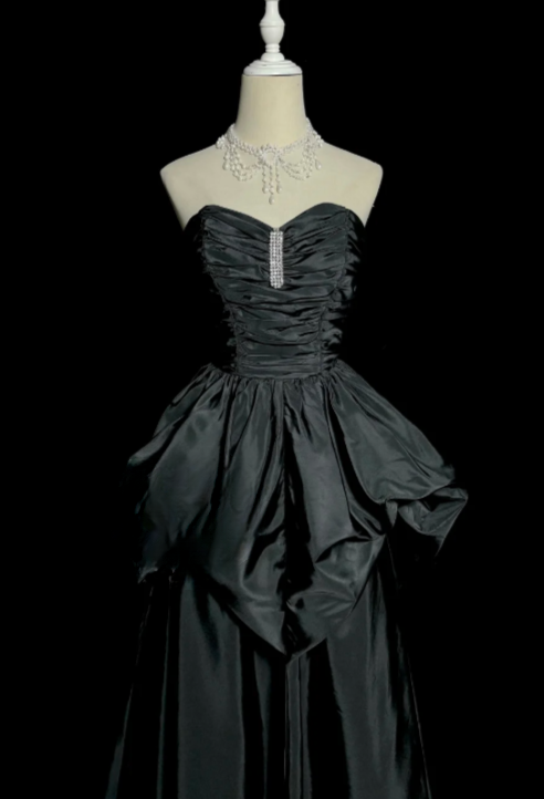 Princess A Line Strapless Black Satin Without Sleeves Long Prom Dress, Evening Dress C6653