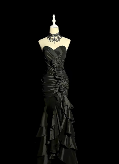 Black Mermaid Sweetheart Pleated Satin Without Sleeves Long Prom Dress, Evening Dress C6656