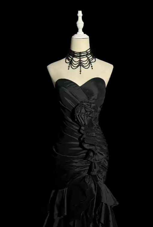 Black Mermaid Sweetheart Pleated Satin Without Sleeves Long Prom Dress, Evening Dress C6656