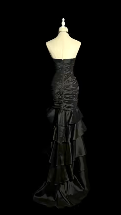 Black Mermaid Sweetheart Pleated Satin Without Sleeves Long Prom Dress, Evening Dress C6656