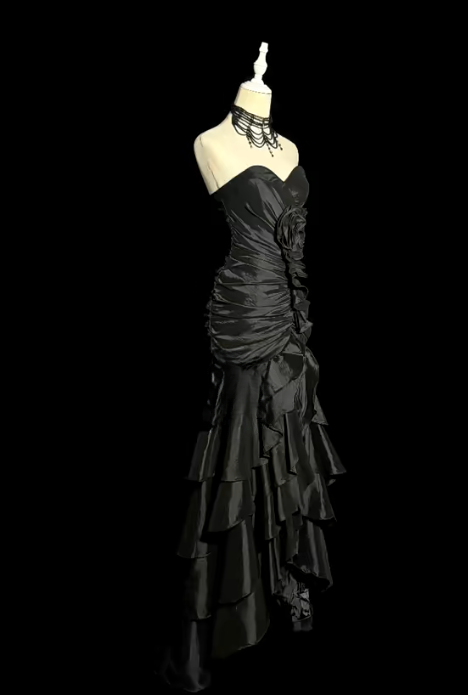 Black Mermaid Sweetheart Pleated Satin Without Sleeves Long Prom Dress, Evening Dress C6656