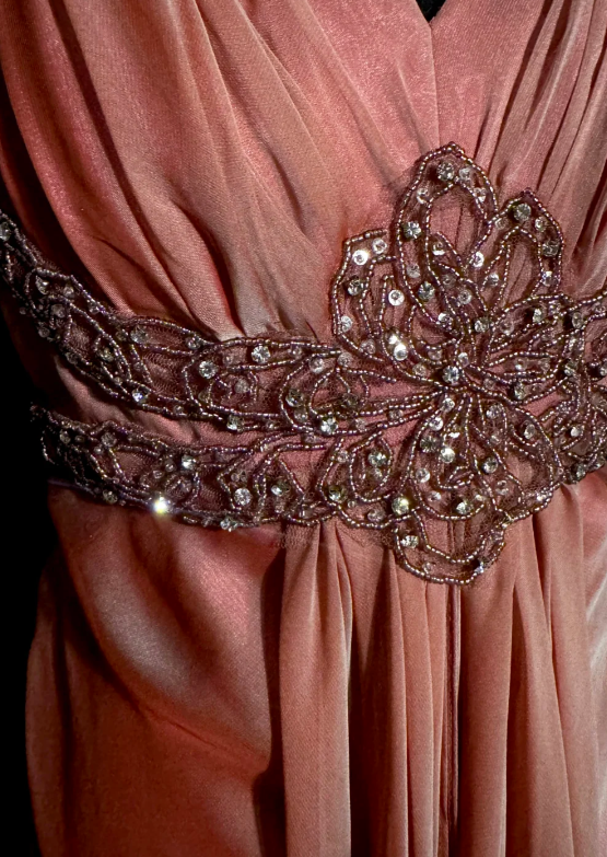 Charming Peach Mermaid V Neck Satin Beaded Without Sleeves Long Prom Dress, Evening Dress C6662