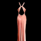 Charming Peach Mermaid V Neck Satin Beaded Without Sleeves Long Prom Dress, Evening Dress C6662