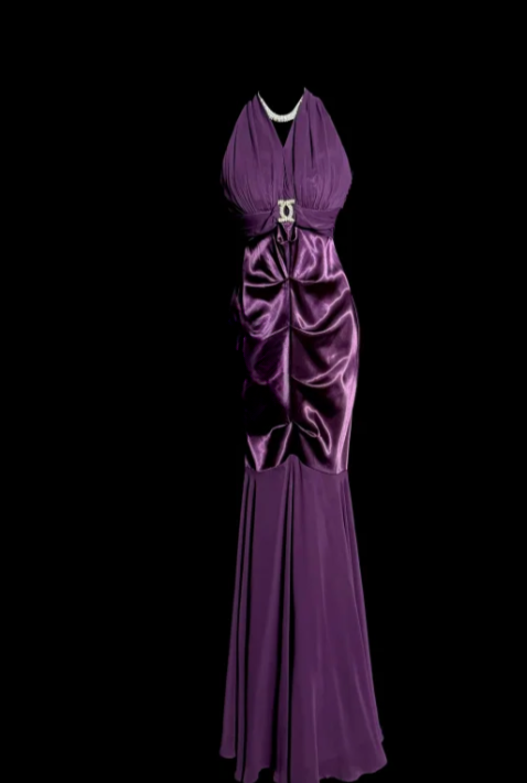 Chic Dark Purple Mermaid Halter Satin Chiffon Without Sleeves Long Prom Dress, Evening Dress C6664