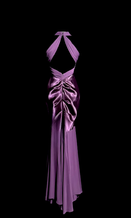 Chic Dark Purple Mermaid Halter Satin Chiffon Without Sleeves Long Prom Dress, Evening Dress C6664