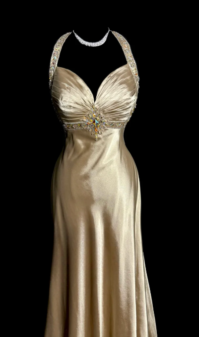 Pretty Mermaid V Neck Satin Sequin Without Sleeves Long Prom Dress, Evening Dress C6666