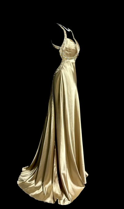 Pretty Mermaid V Neck Satin Sequin Without Sleeves Long Prom Dress, Evening Dress C6666