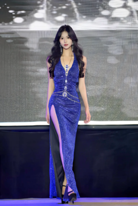 Shiny Mermaid V Neck Royal Blue Satin Sequin Slit Without Sleeves Long Prom Dress, Evening Dress C6668