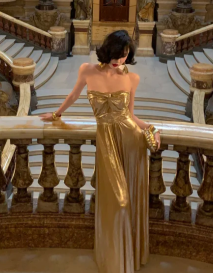 Gold A Line Strapless Satin Without Sleeves Long Prom Dress, Evening Dress C6671