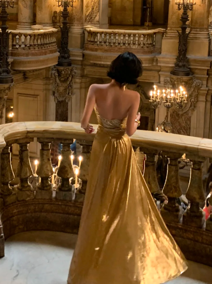 Gold A Line Strapless Satin Without Sleeves Long Prom Dress, Evening Dress C6671