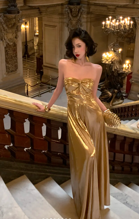 Gold A Line Strapless Satin Without Sleeves Long Prom Dress, Evening Dress C6671