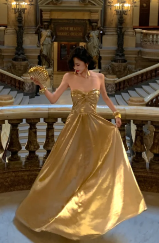 Gold A Line Strapless Satin Without Sleeves Long Prom Dress, Evening Dress C6671