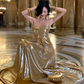 Gold A Line Strapless Satin Without Sleeves Long Prom Dress, Evening Dress C6671