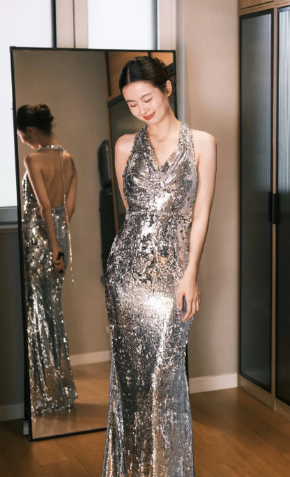 Sparkly Silver Mermaid Halter Sequin Backless Without Sleeves Long Prom Dress, Evening Dress C6674