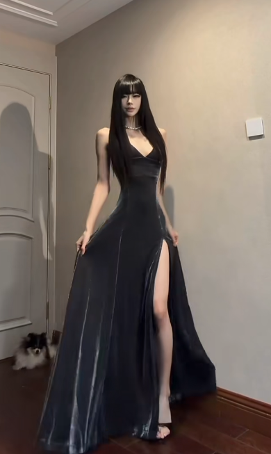 Charming A Line Spaghetti Straps Satin Slit Without Sleeves Long Prom Dress, Evening Dress C6680