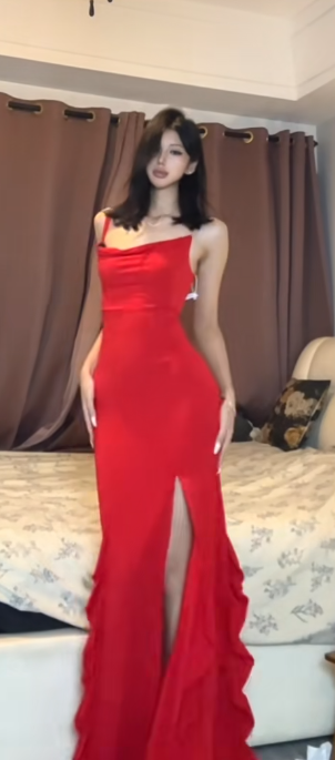 Sheath Charming Red Mermaid One Shoulder Satin Slit  Ruffle Without Sleeves Long Prom Dress, Evening Dress C6683