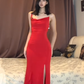 Sheath Charming Red Mermaid One Shoulder Satin Slit  Ruffle Without Sleeves Long Prom Dress, Evening Dress C6683