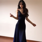 Sexy A Line Navy Blue Spaghetti Straps Satin Slit Without Sleeves Long Prom Dress, Evening Dress C6684