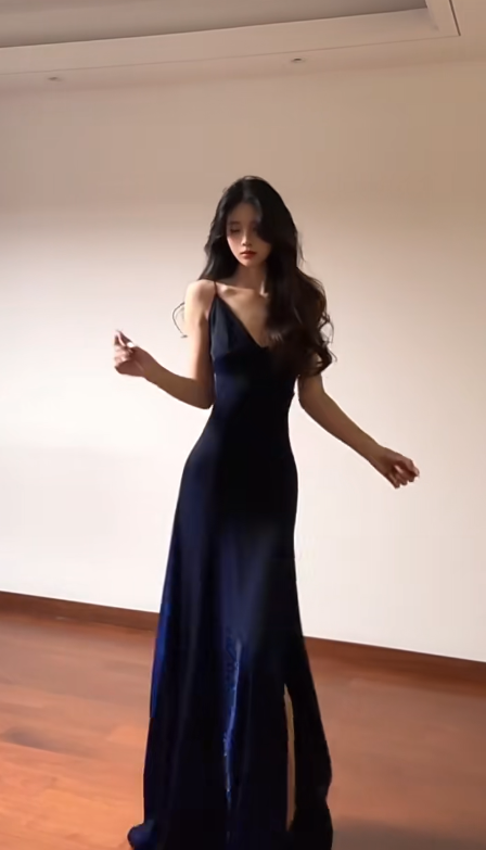 Sexy A Line Navy Blue Spaghetti Straps Satin Slit Without Sleeves Long Prom Dress, Evening Dress C6684