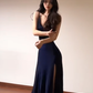 Sexy A Line Navy Blue Spaghetti Straps Satin Slit Without Sleeves Long Prom Dress, Evening Dress C6684