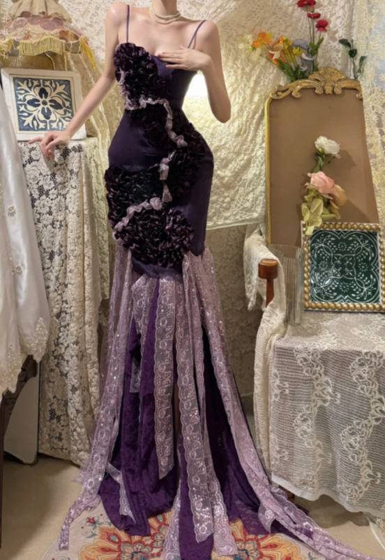 Obsessed Dark Purple Mermaid Spaghetti Straps Satin Lace Without Sleeves Long Prom Dress, Evening Dress C6685