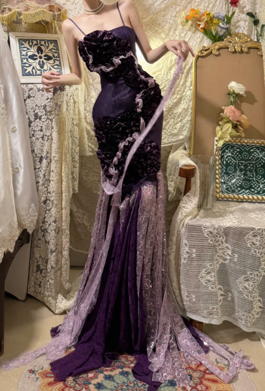 Obsessed Dark Purple Mermaid Spaghetti Straps Satin Lace Without Sleeves Long Prom Dress, Evening Dress C6685
