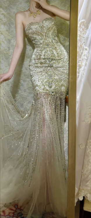 Charming Mermaid Strapless Tulle Sequin Beaded Without Sleeves Long Prom Dress, Evening Dress C6686