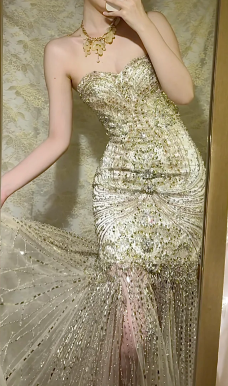 Charming Mermaid Strapless Tulle Sequin Beaded Without Sleeves Long Prom Dress, Evening Dress C6686