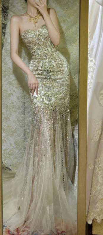 Charming Mermaid Strapless Tulle Sequin Beaded Without Sleeves Long Prom Dress, Evening Dress C6686