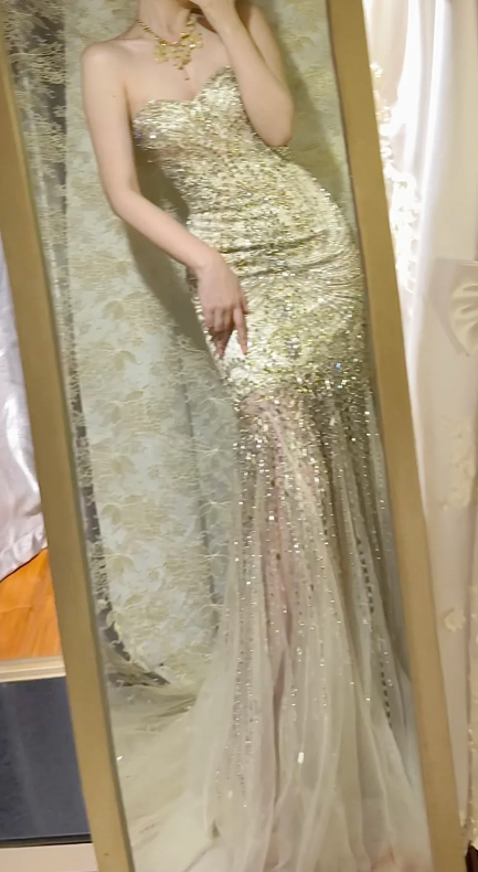 Charming Mermaid Strapless Tulle Sequin Beaded Without Sleeves Long Prom Dress, Evening Dress C6686