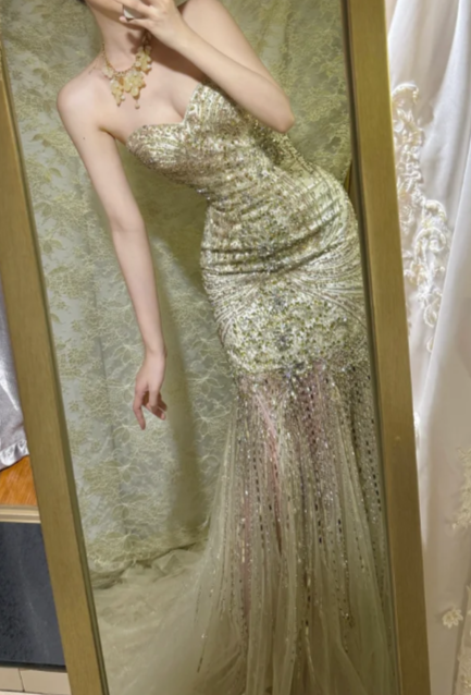 Charming Mermaid Strapless Tulle Sequin Beaded Without Sleeves Long Prom Dress, Evening Dress C6686