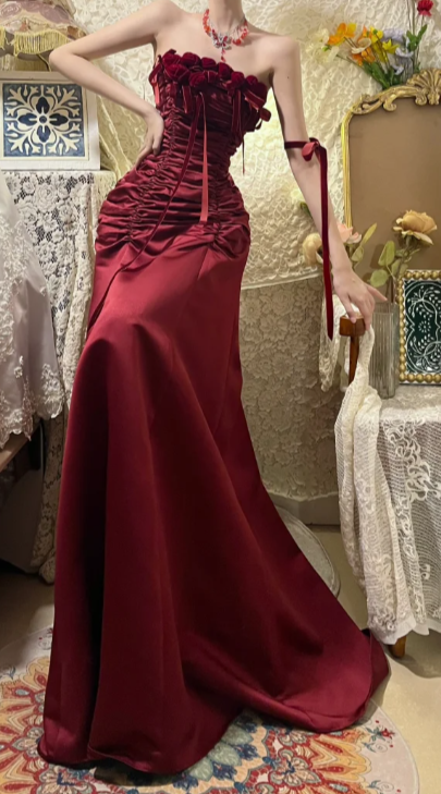 Chic A Line Burgundy Strapless Satin Without Sleeves Long Prom Dress, Evening Dress C6687