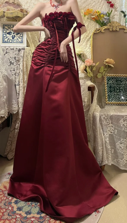 Chic A Line Burgundy Strapless Satin Without Sleeves Long Prom Dress, Evening Dress C6687