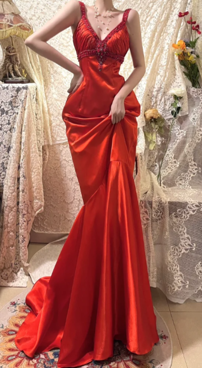 Classy Mermaid Red V Neck Satin Beaded Without Sleeves Long Prom Dress, Evening Dress C6688