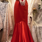 Classy Mermaid Red V Neck Satin Beaded Without Sleeves Long Prom Dress, Evening Dress C6688