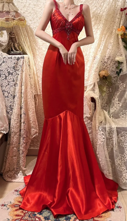 Classy Mermaid Red V Neck Satin Beaded Without Sleeves Long Prom Dress, Evening Dress C6688