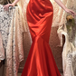 Classy Mermaid Red V Neck Satin Beaded Without Sleeves Long Prom Dress, Evening Dress C6688